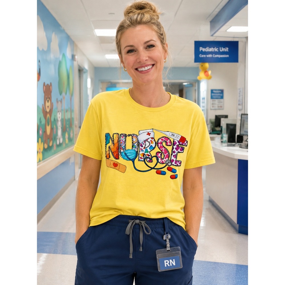 Gildan Heavy Cotton Yellow Nurse Graphic T-Shirt Medical Stethoscope Size L